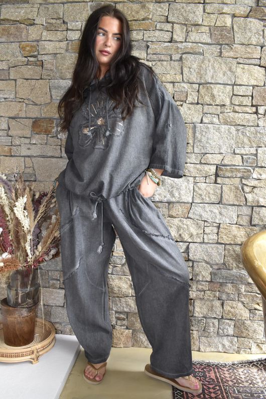 Rustic Nature Linen Blend Barrel Pant Washed Charcoal